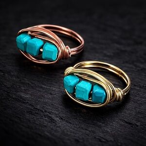 Turquoise Cube Bead Wire-Wrapped Ring - Gold or Rose Gold